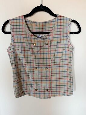 Vintage plaid button front tank top tan XS/S
